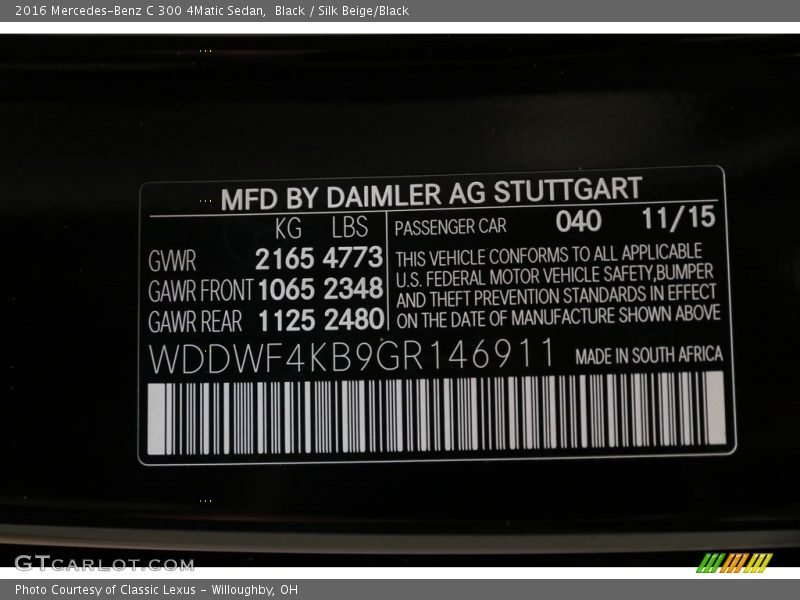 Black / Silk Beige/Black 2016 Mercedes-Benz C 300 4Matic Sedan