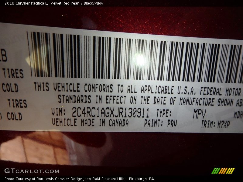 2018 Pacifica L Velvet Red Pearl Color Code PRV