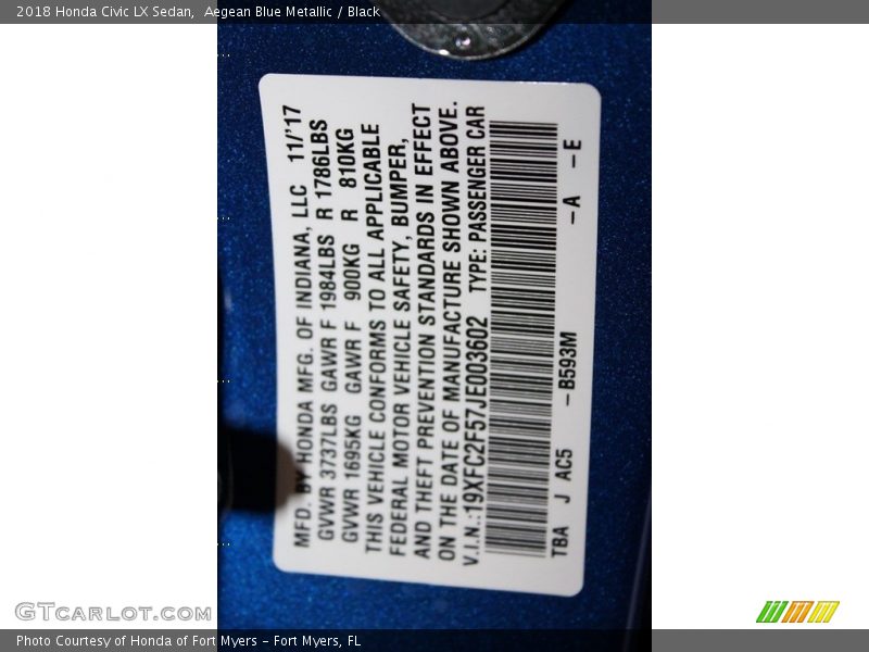 2018 Civic LX Sedan Aegean Blue Metallic Color Code B593M