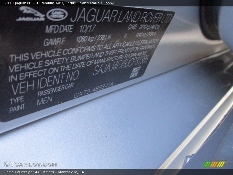 Indus Silver Metallic / Ebony 2018 Jaguar XE 25t Premium AWD