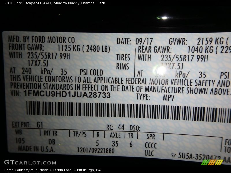 Shadow Black / Charcoal Black 2018 Ford Escape SEL 4WD