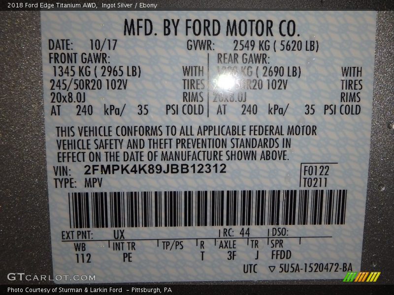 2018 Edge Titanium AWD Ingot Silver Color Code UX