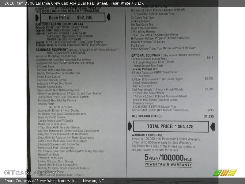 Pearl White / Black 2018 Ram 3500 Laramie Crew Cab 4x4 Dual Rear Wheel