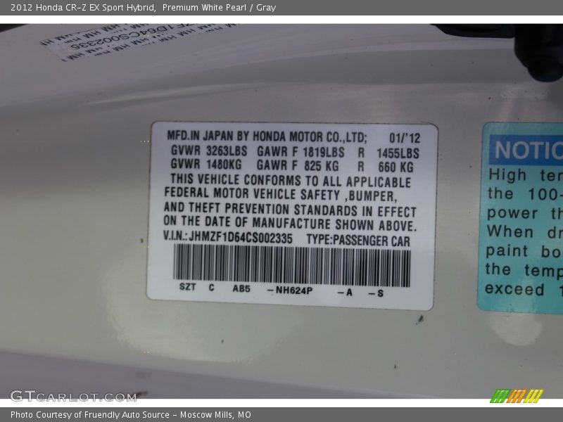 Premium White Pearl / Gray 2012 Honda CR-Z EX Sport Hybrid