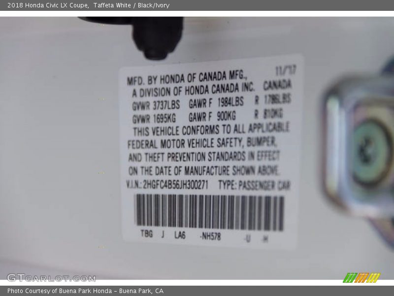 Taffeta White / Black/Ivory 2018 Honda Civic LX Coupe