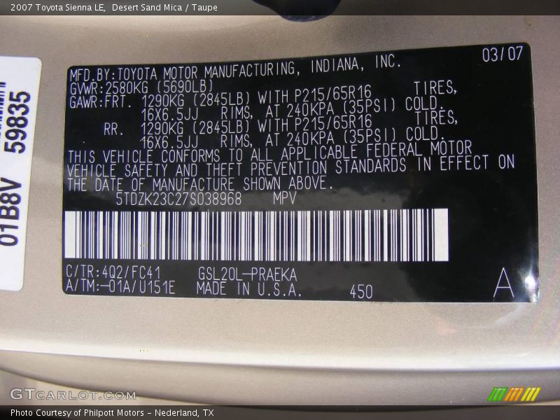 Desert Sand Mica / Taupe 2007 Toyota Sienna LE