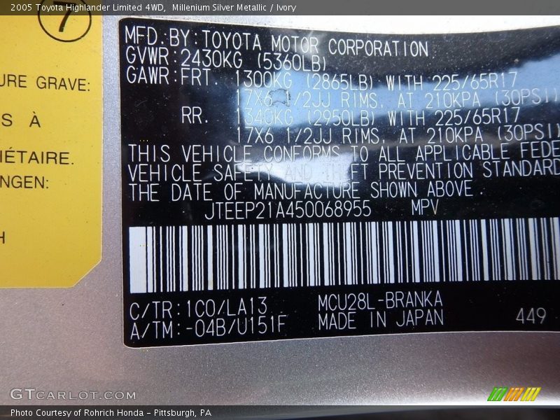 Millenium Silver Metallic / Ivory 2005 Toyota Highlander Limited 4WD