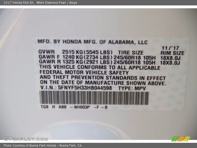 White Diamond Pearl / Beige 2017 Honda Pilot EX