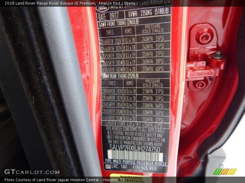 2018 Range Rover Evoque SE Premium Firenze Red Color Code 1AF