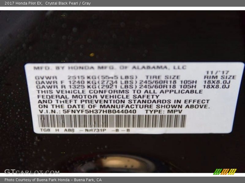Crystal Black Pearl / Gray 2017 Honda Pilot EX