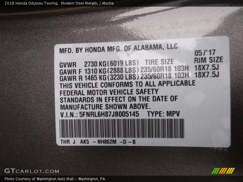 Modern Steel Metallic / Mocha 2018 Honda Odyssey Touring