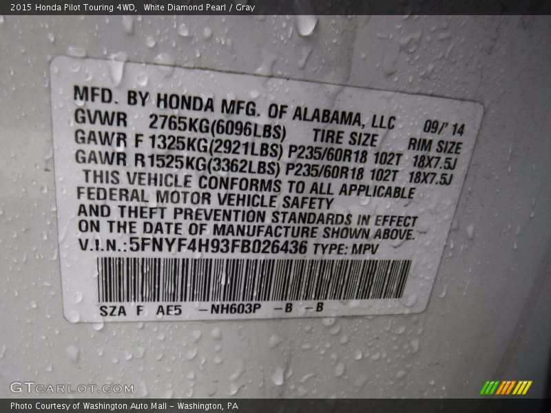 White Diamond Pearl / Gray 2015 Honda Pilot Touring 4WD