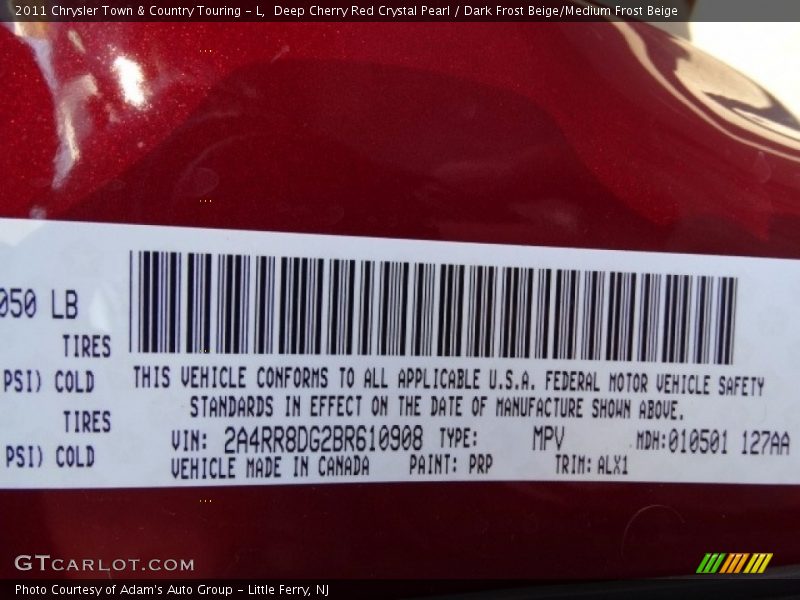 Deep Cherry Red Crystal Pearl / Dark Frost Beige/Medium Frost Beige 2011 Chrysler Town & Country Touring - L