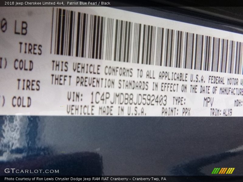 2018 Cherokee Limited 4x4 Patriot Blue Pearl Color Code PPX