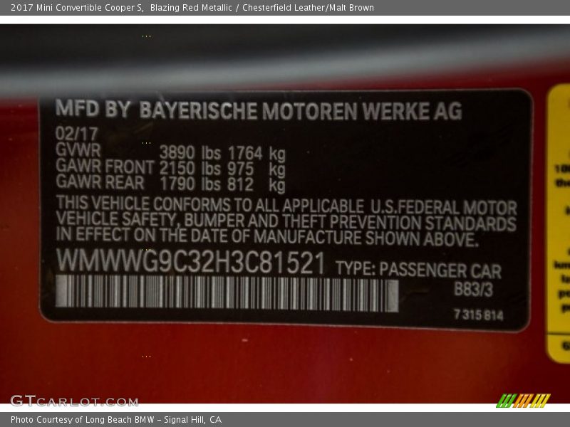 Blazing Red Metallic / Chesterfield Leather/Malt Brown 2017 Mini Convertible Cooper S