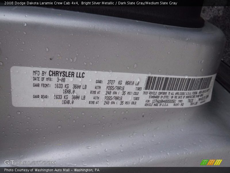Bright Silver Metallic / Dark Slate Gray/Medium Slate Gray 2008 Dodge Dakota Laramie Crew Cab 4x4