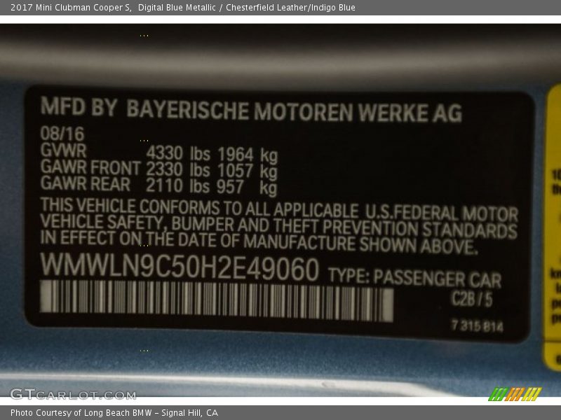 Digital Blue Metallic / Chesterfield Leather/Indigo Blue 2017 Mini Clubman Cooper S