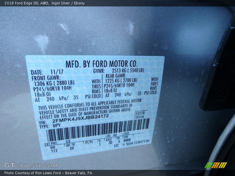 Ingot Silver / Ebony 2018 Ford Edge SEL AWD