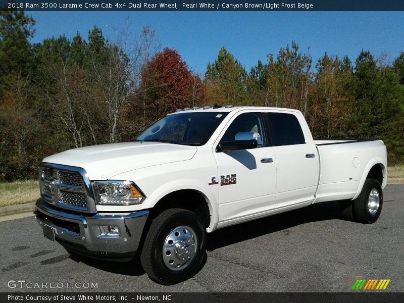 Pearl White / Canyon Brown/Light Frost Beige 2018 Ram 3500 Laramie Crew Cab 4x4 Dual Rear Wheel
