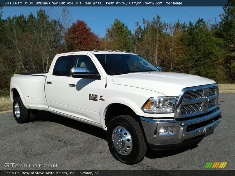Pearl White / Canyon Brown/Light Frost Beige 2018 Ram 3500 Laramie Crew Cab 4x4 Dual Rear Wheel