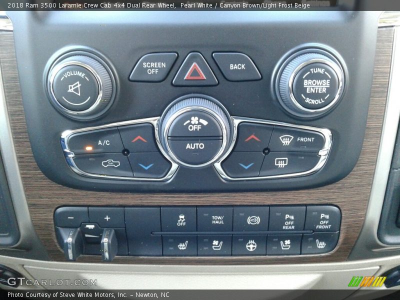 Pearl White / Canyon Brown/Light Frost Beige 2018 Ram 3500 Laramie Crew Cab 4x4 Dual Rear Wheel