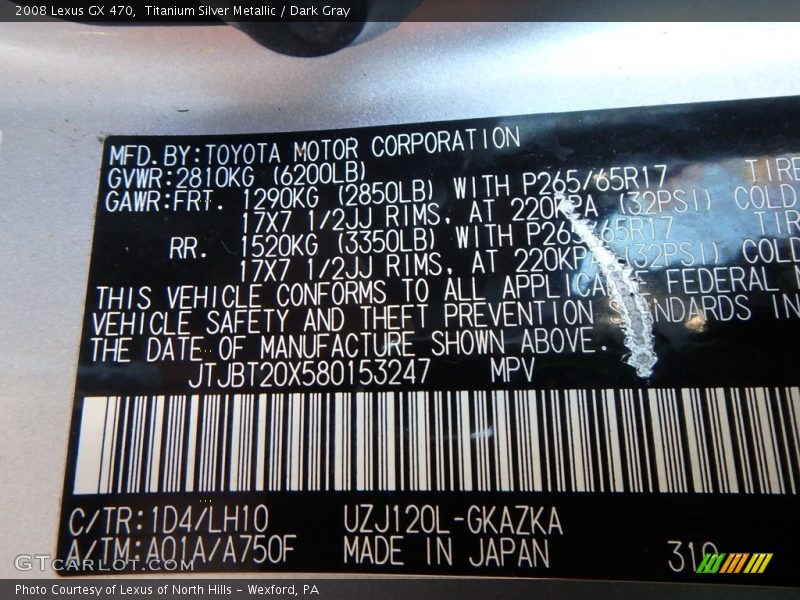 Titanium Silver Metallic / Dark Gray 2008 Lexus GX 470