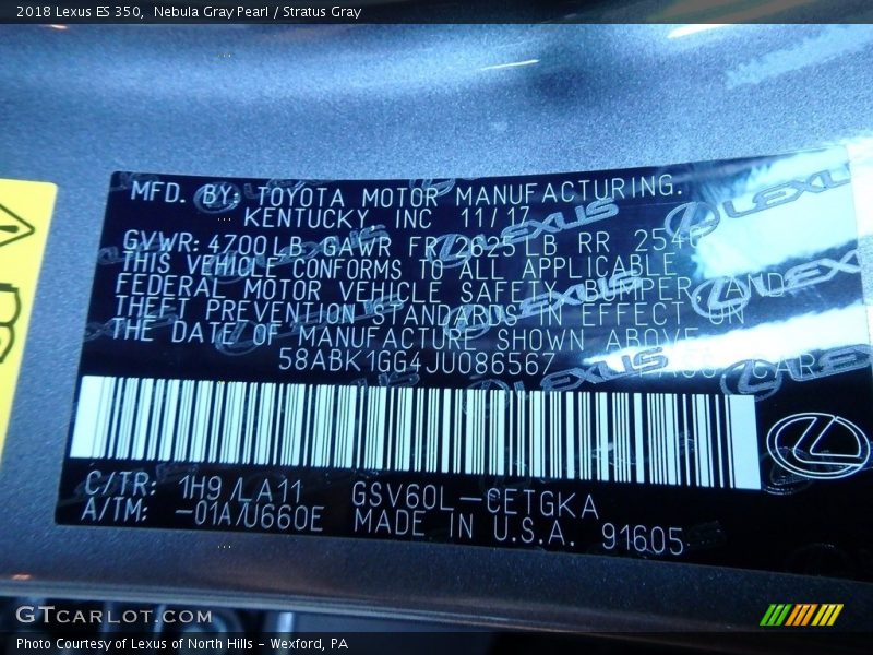 Nebula Gray Pearl / Stratus Gray 2018 Lexus ES 350
