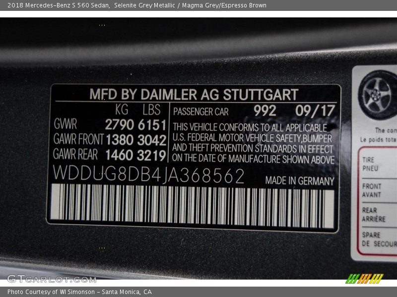 2018 S 560 Sedan Selenite Grey Metallic Color Code 992