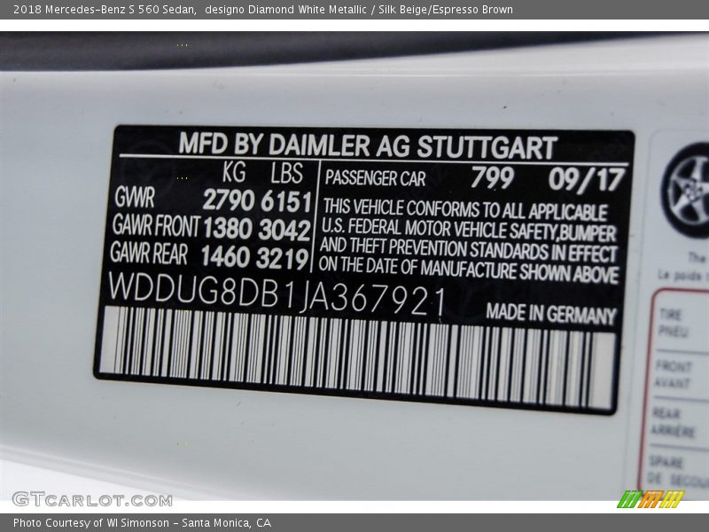 designo Diamond White Metallic / Silk Beige/Espresso Brown 2018 Mercedes-Benz S 560 Sedan