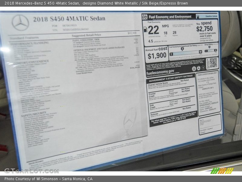 designo Diamond White Metallic / Silk Beige/Espresso Brown 2018 Mercedes-Benz S 450 4Matic Sedan