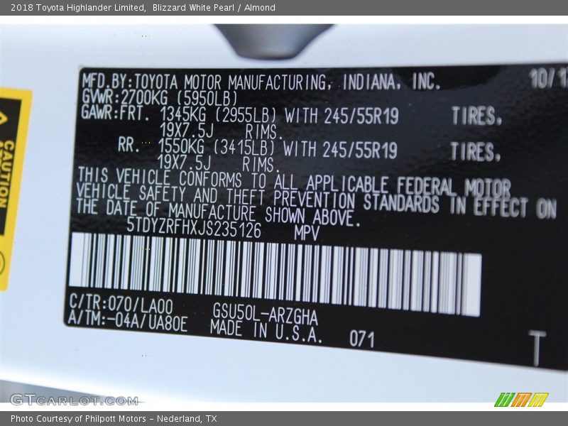 Blizzard White Pearl / Almond 2018 Toyota Highlander Limited