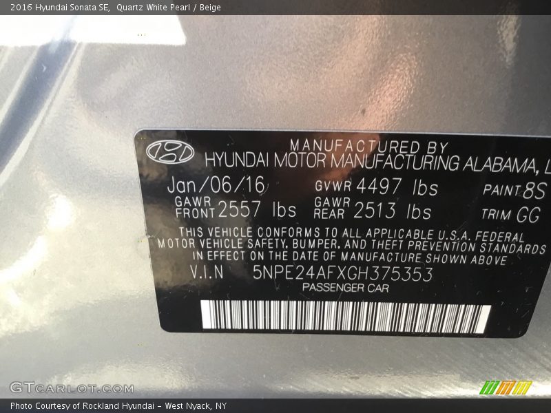 Quartz White Pearl / Beige 2016 Hyundai Sonata SE