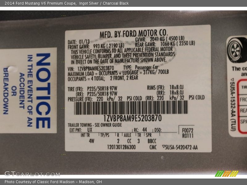 Ingot Silver / Charcoal Black 2014 Ford Mustang V6 Premium Coupe