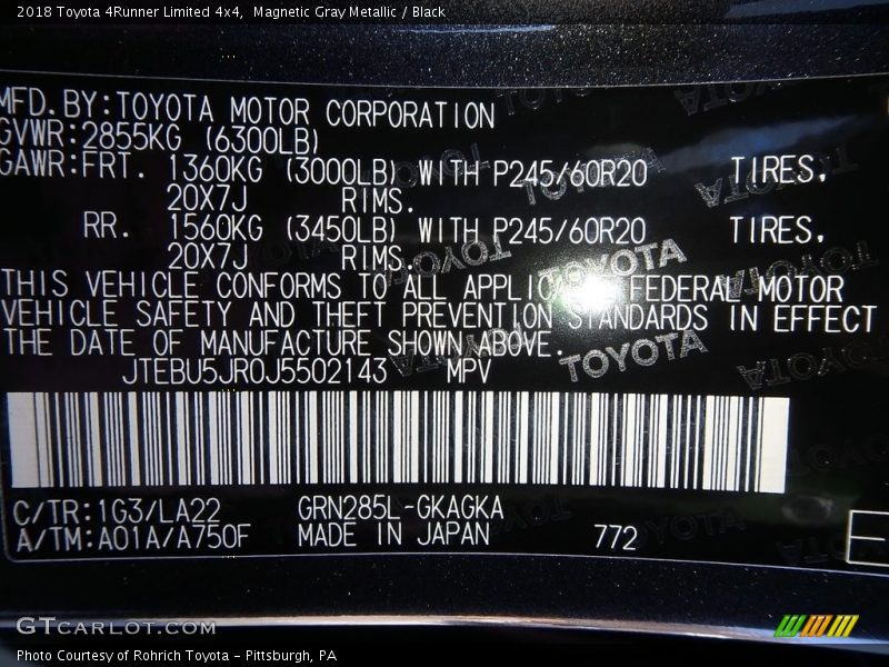 Magnetic Gray Metallic / Black 2018 Toyota 4Runner Limited 4x4