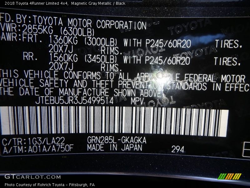 Magnetic Gray Metallic / Black 2018 Toyota 4Runner Limited 4x4