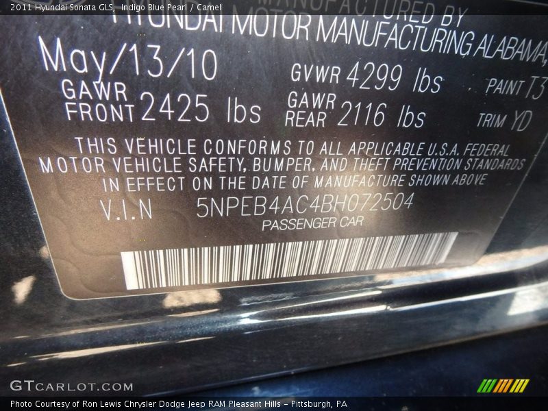 Indigo Blue Pearl / Camel 2011 Hyundai Sonata GLS