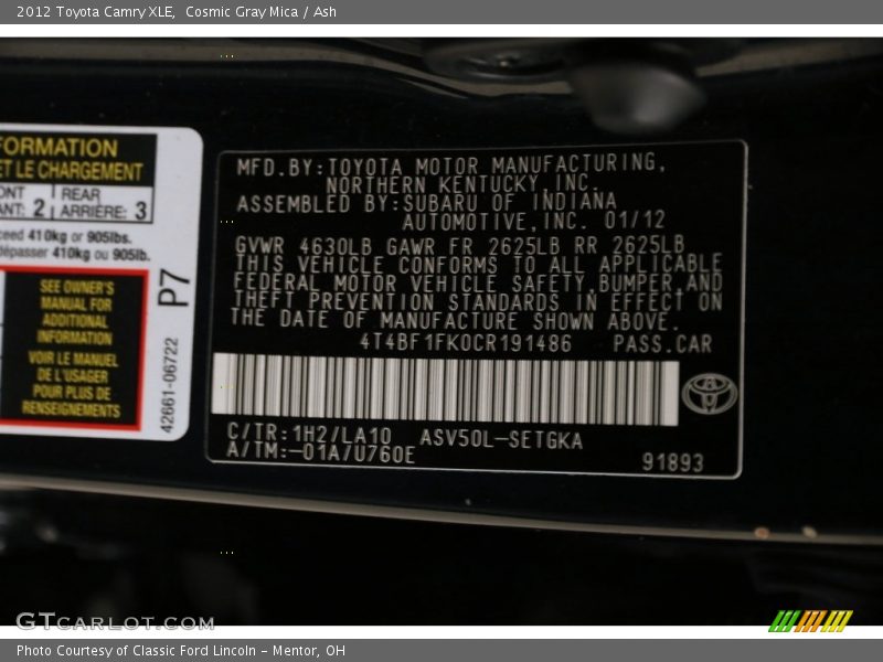 Cosmic Gray Mica / Ash 2012 Toyota Camry XLE