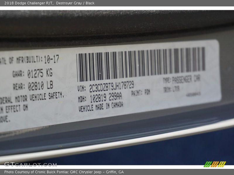 Destroyer Gray / Black 2018 Dodge Challenger R/T