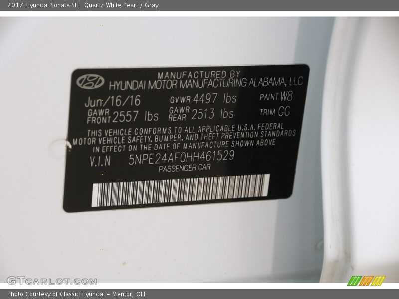 Quartz White Pearl / Gray 2017 Hyundai Sonata SE