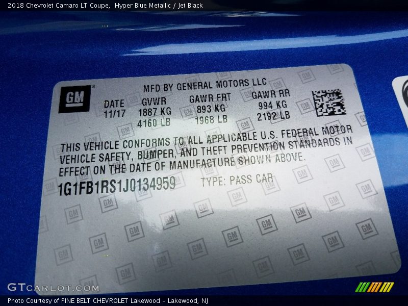 Hyper Blue Metallic / Jet Black 2018 Chevrolet Camaro LT Coupe