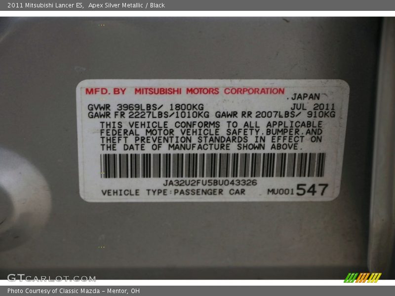 Apex Silver Metallic / Black 2011 Mitsubishi Lancer ES