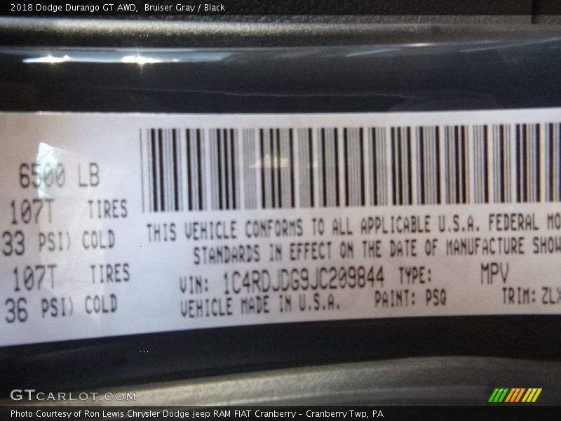 Bruiser Gray / Black 2018 Dodge Durango GT AWD