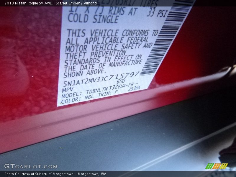 2018 Rogue SV AWD Scarlet Ember Color Code NBL