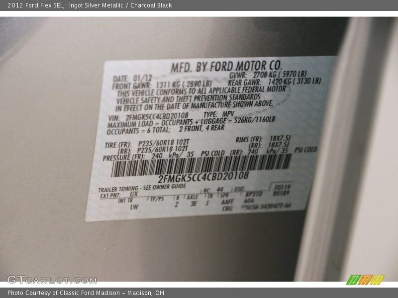 Ingot Silver Metallic / Charcoal Black 2012 Ford Flex SEL