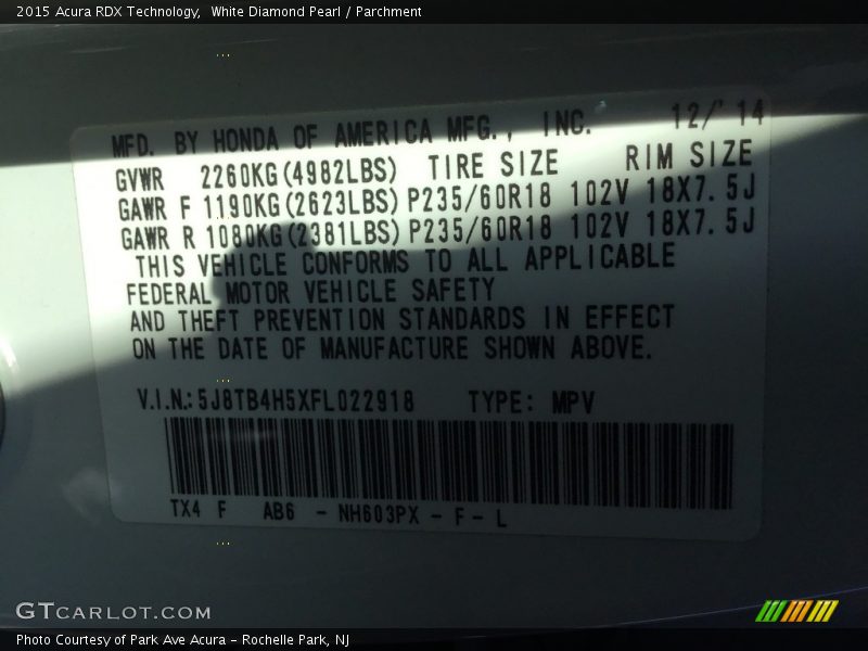 White Diamond Pearl / Parchment 2015 Acura RDX Technology