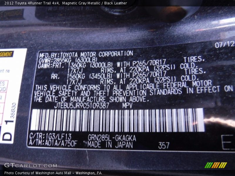 Magnetic Gray Metallic / Black Leather 2012 Toyota 4Runner Trail 4x4