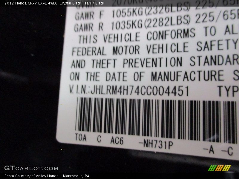 Crystal Black Pearl / Black 2012 Honda CR-V EX-L 4WD