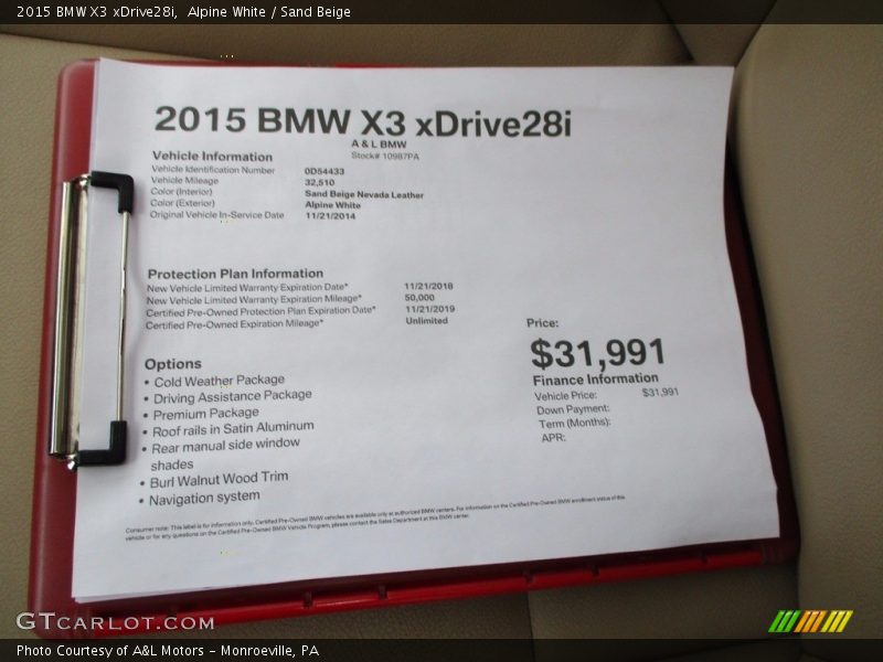 Alpine White / Sand Beige 2015 BMW X3 xDrive28i