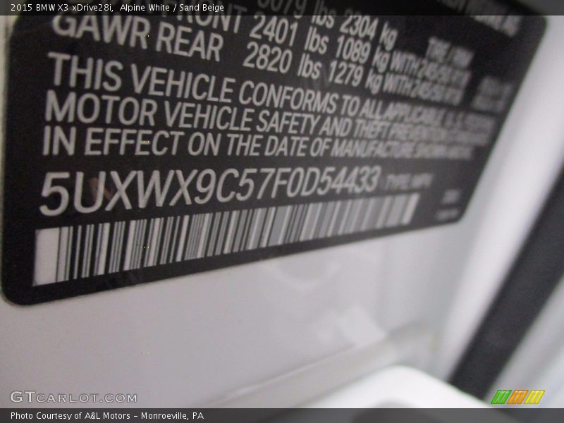 Alpine White / Sand Beige 2015 BMW X3 xDrive28i