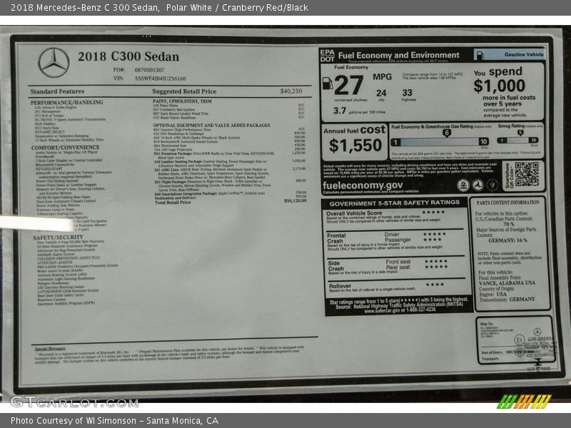 Polar White / Cranberry Red/Black 2018 Mercedes-Benz C 300 Sedan